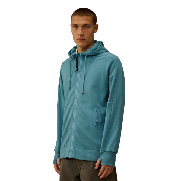 Sweat-shirt CP COMPANY capuche  zippé lunettes polaire coton relief diagonal bleu