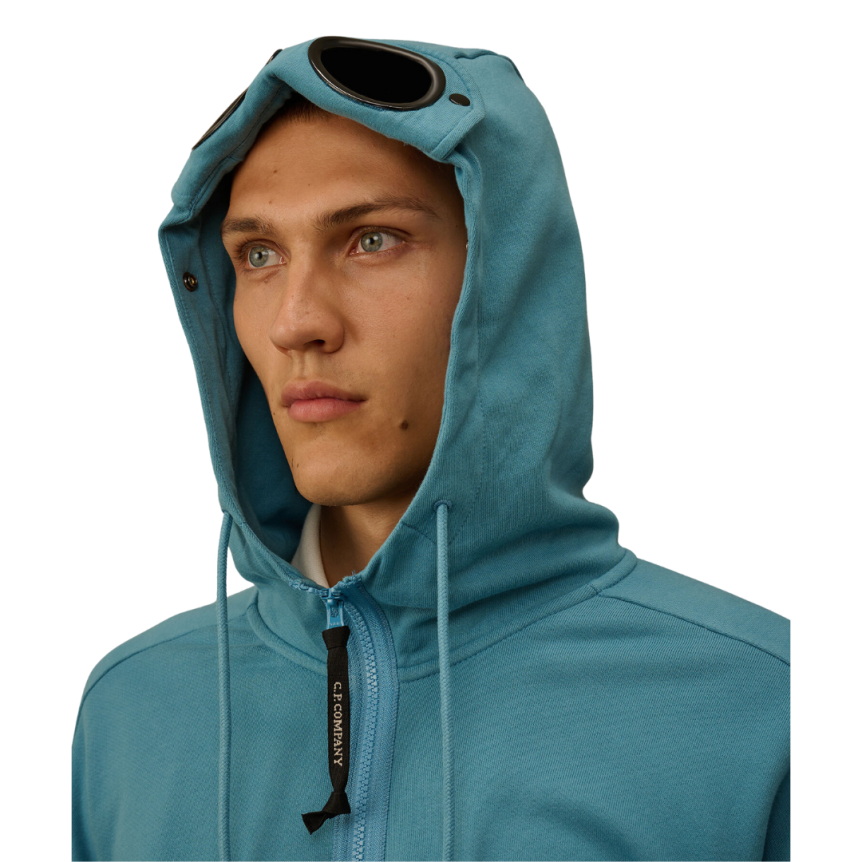 Sweat-shirt CP COMPANY capuche  zippé lunettes polaire coton relief diagonal bleu