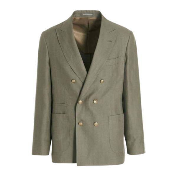 Costume croisé BRUNELLO CUCINELLI lin vert beige boutons dorés