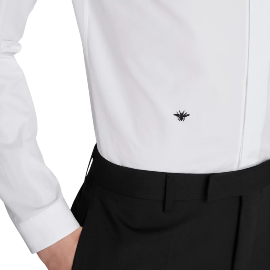 Chemise manche longue DIOR popeline coton blanc broderie abeille noir