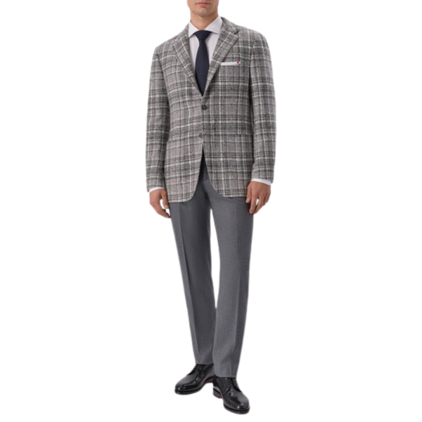 Veste droite KITON Blazer laine carreaux gris écru