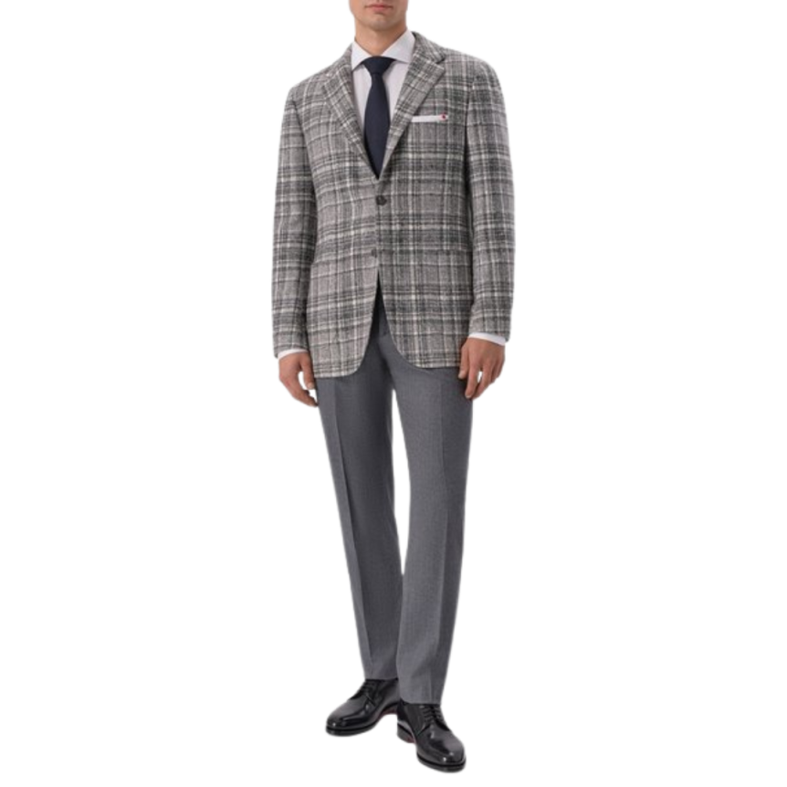 Veste droite KITON Blazer laine carreaux gris écru