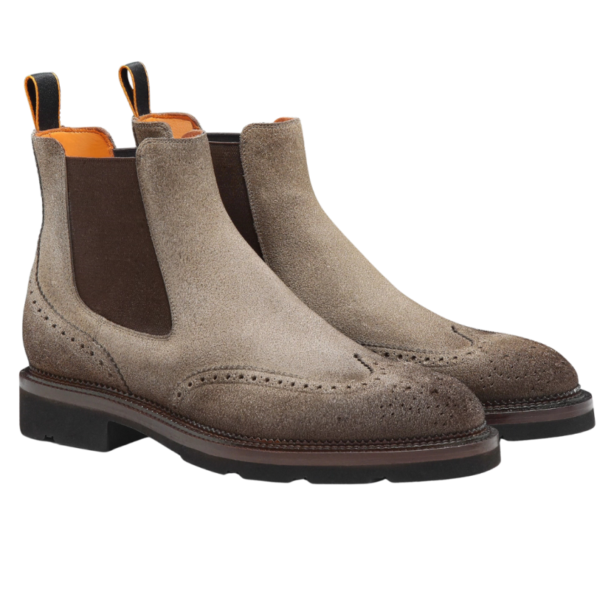 SANTONI Bottines Boots Chelsea daim beige naturel bout fleuri