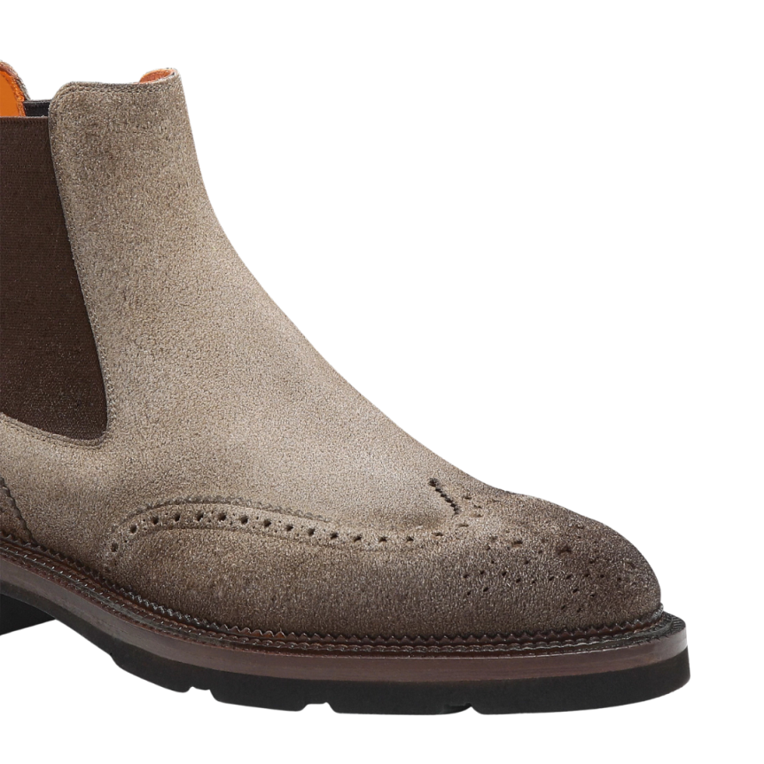 SANTONI Bottines Boots Chelsea daim beige naturel bout fleuri