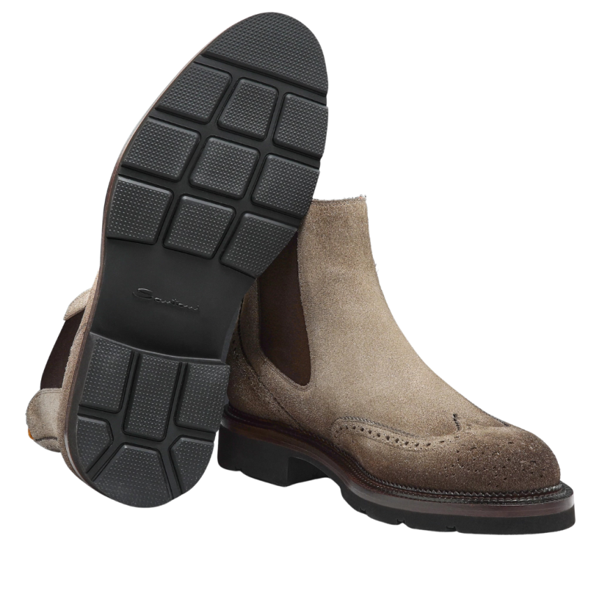 SANTONI Bottines Boots Chelsea daim beige naturel bout fleuri