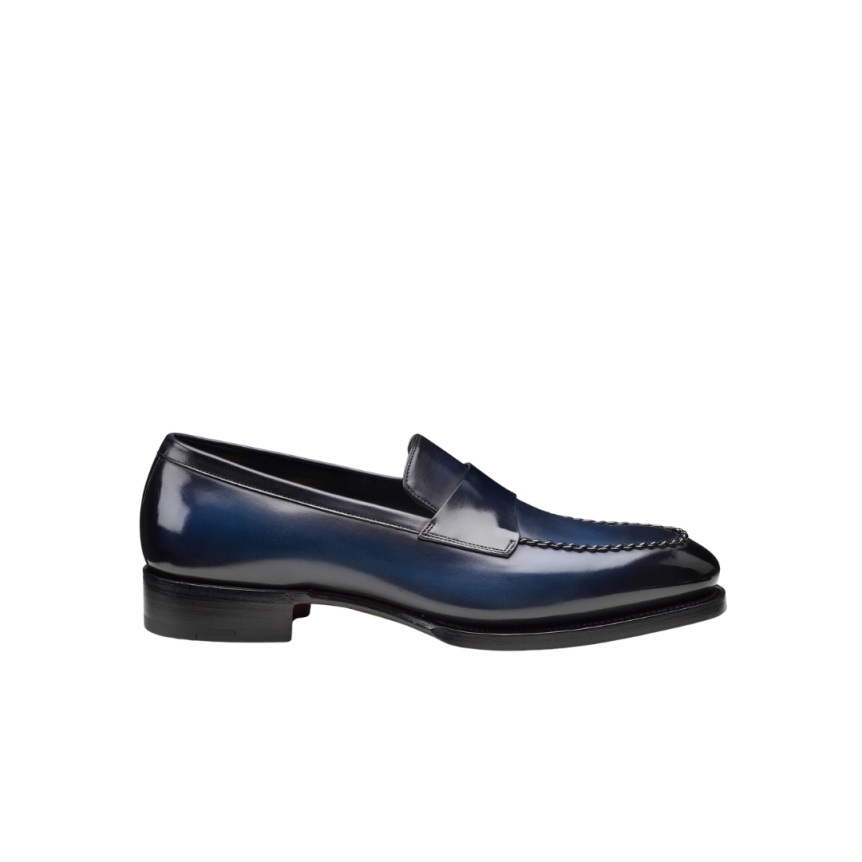Mocassin SANTONI Penny Collection Meraviglia Edition limitée cuir bleu marine surpiqures