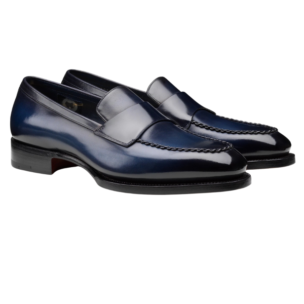 Mocassin SANTONI Penny Collection Meraviglia Edition limitée cuir bleu marine surpiqures