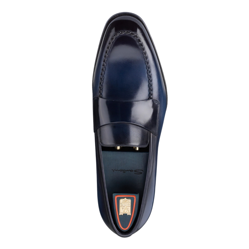Mocassin SANTONI Penny Collection Meraviglia Edition limitée cuir bleu marine surpiqures