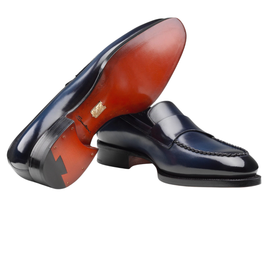 Mocassin SANTONI Penny Collection Meraviglia Edition limitée cuir bleu marine surpiqures