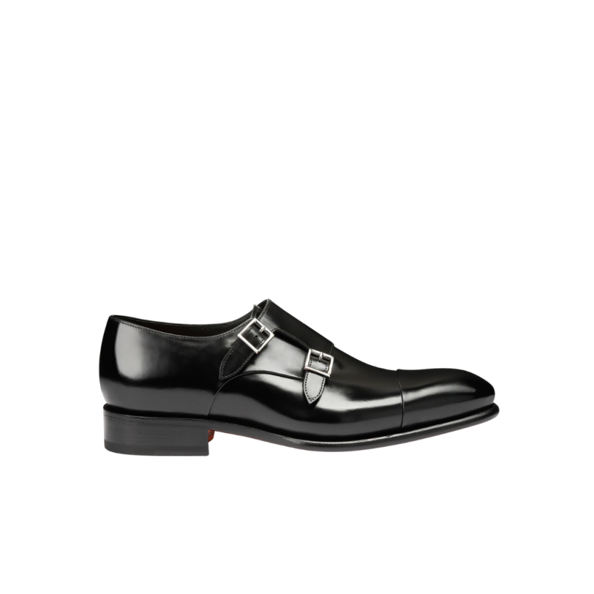 Chaussure à double boucle SANTONI cuir patiné noir Essentials