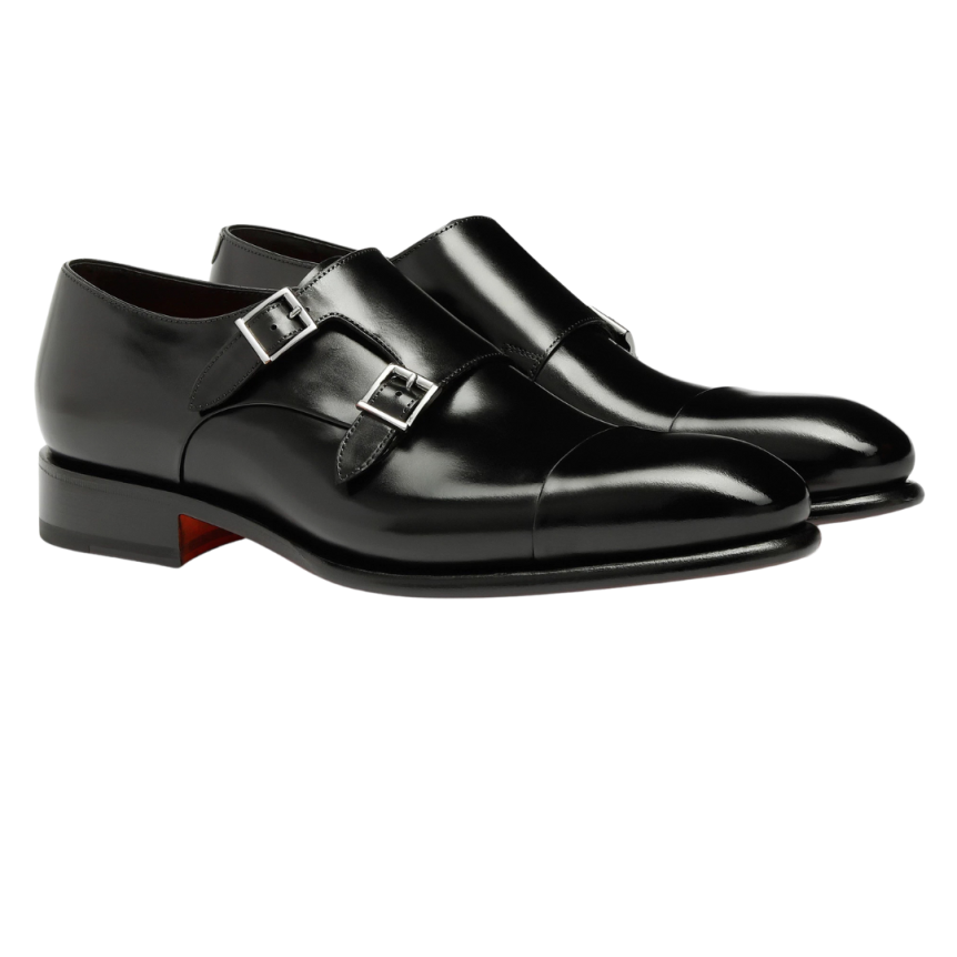 Chaussure à double boucle SANTONI cuir patiné noir Essentials