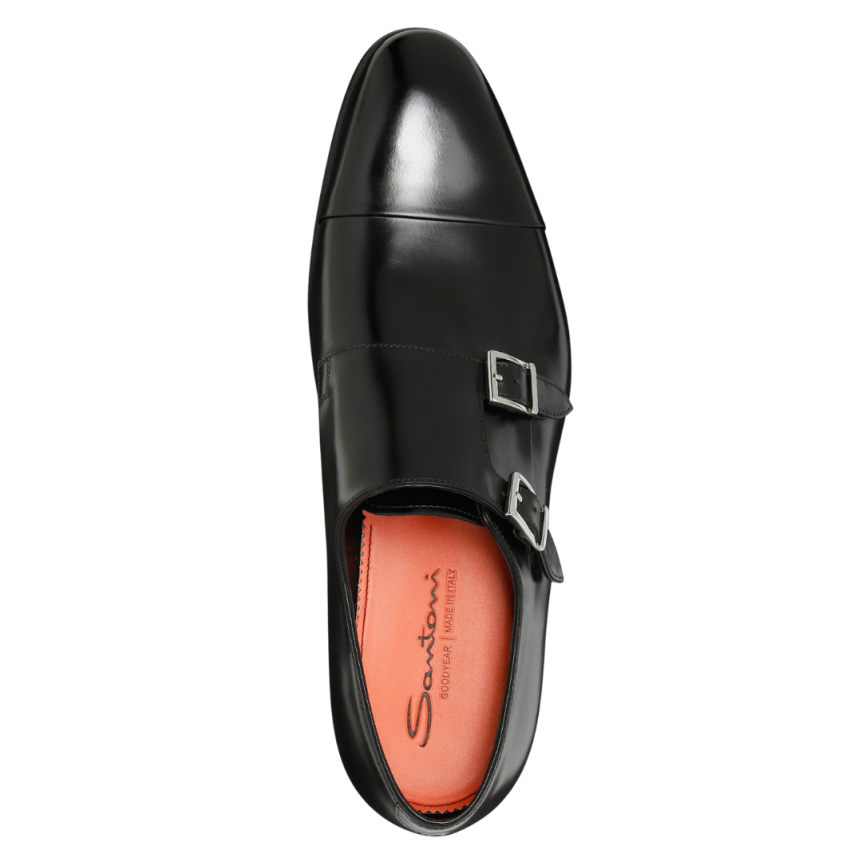 Chaussure à double boucle SANTONI cuir patiné noir Essentials