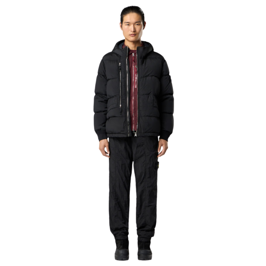 Parka doudoune déperlante à capuche STONE ISLAND nylon noir Econyl poches zippées