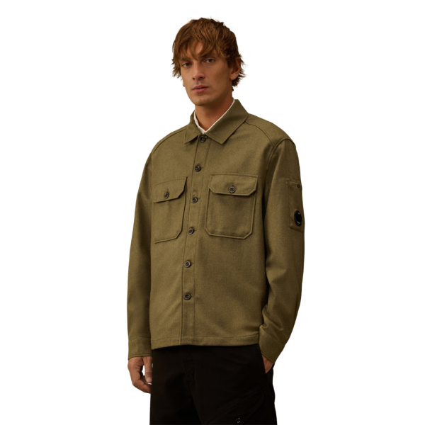 Surchemise à boutons CP COMPANY laine mélangée flanelle kaki poches plaquées