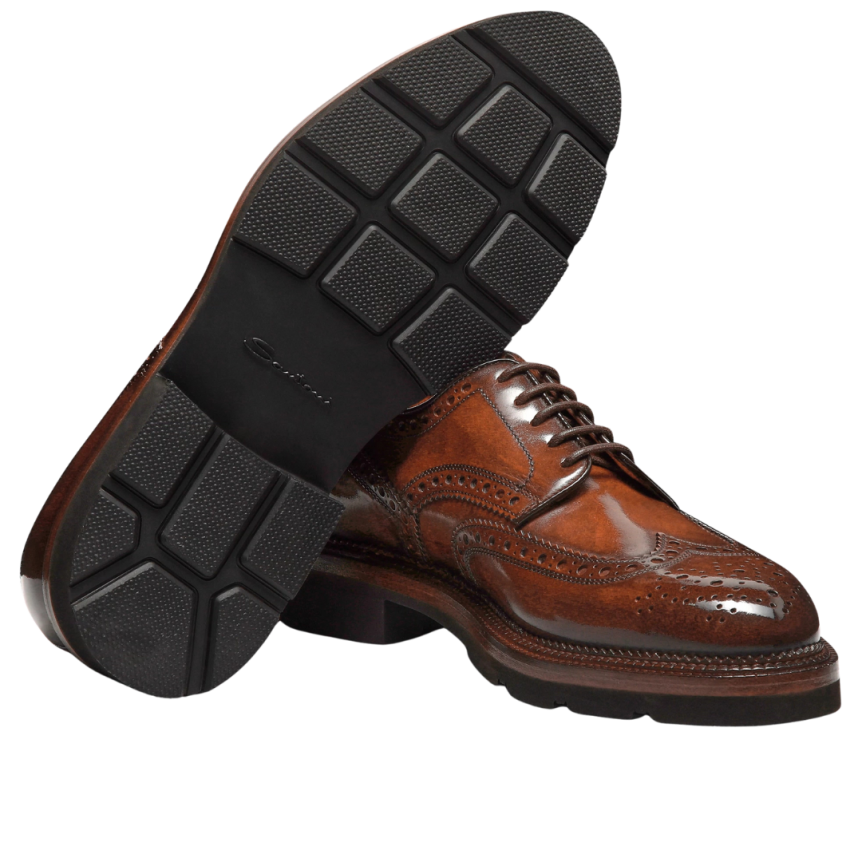 Chaussures à lacets SANTONI Derby cuir marron perforation Brogue bout fleuri
