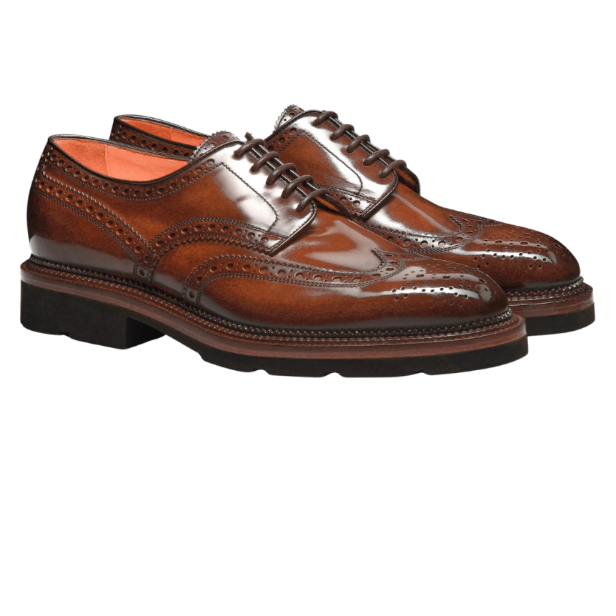Chaussures à lacets SANTONI Derby cuir marron perforation Brogue bout fleuri