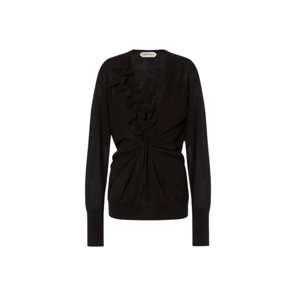 ALBERTA FERRETTI Pull long col V laine cachemire noir broderie fleurs
