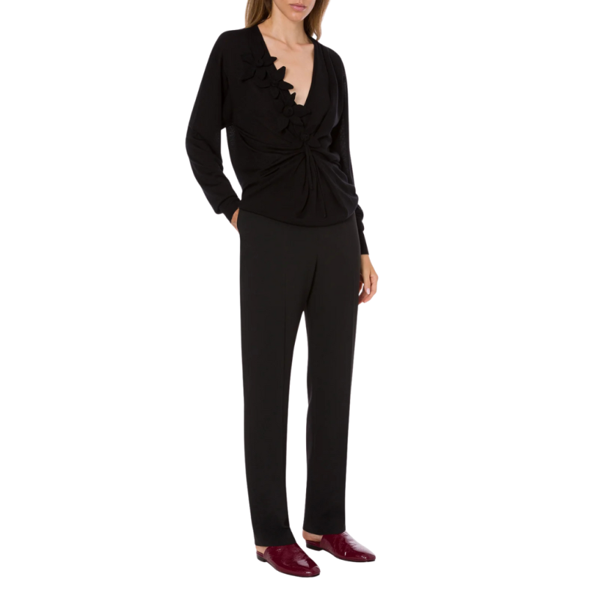 ALBERTA FERRETTI Pull long col V laine cachemire noir broderie fleurs