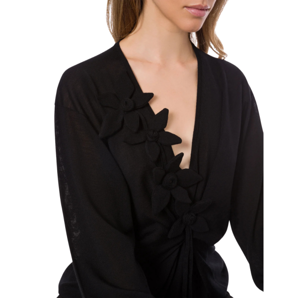 ALBERTA FERRETTI Pull long col V laine cachemire noir broderie fleurs