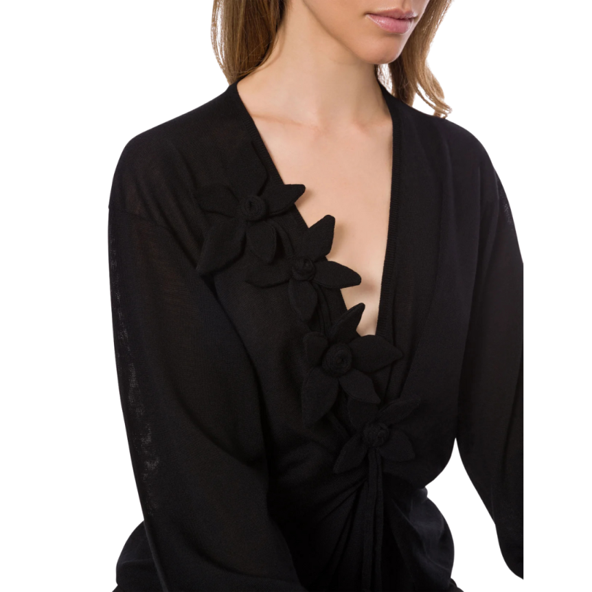 ALBERTA FERRETTI Pull long col V laine cachemire noir broderie fleurs