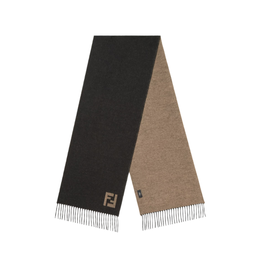 Echarpe réversible FENDI laine cachemire noir beige FF