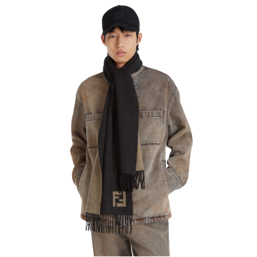 Echarpe réversible FENDI laine cachemire noir beige FF