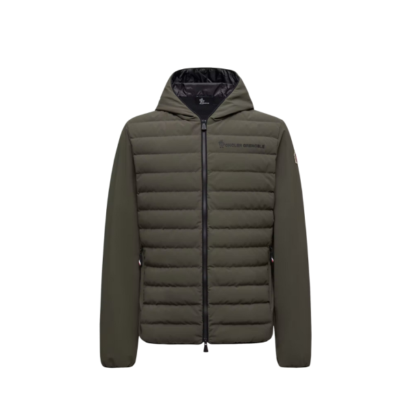 Cardigan zippé à capuche bi matière nylon mat stretch kaki Moncler Grenoble