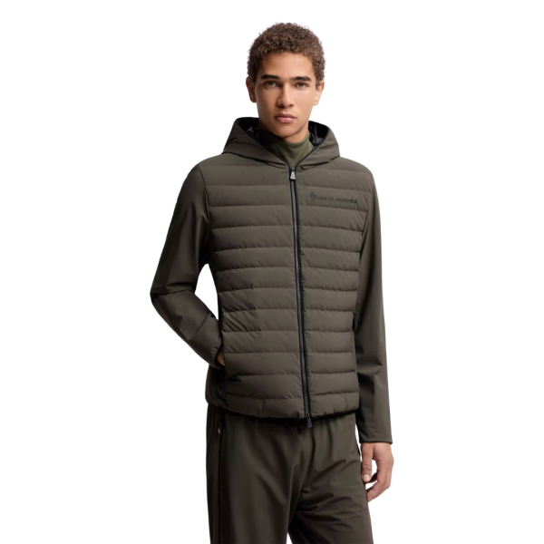 Cardigan zippé à capuche bi matière nylon mat stretch kaki Moncler Grenoble