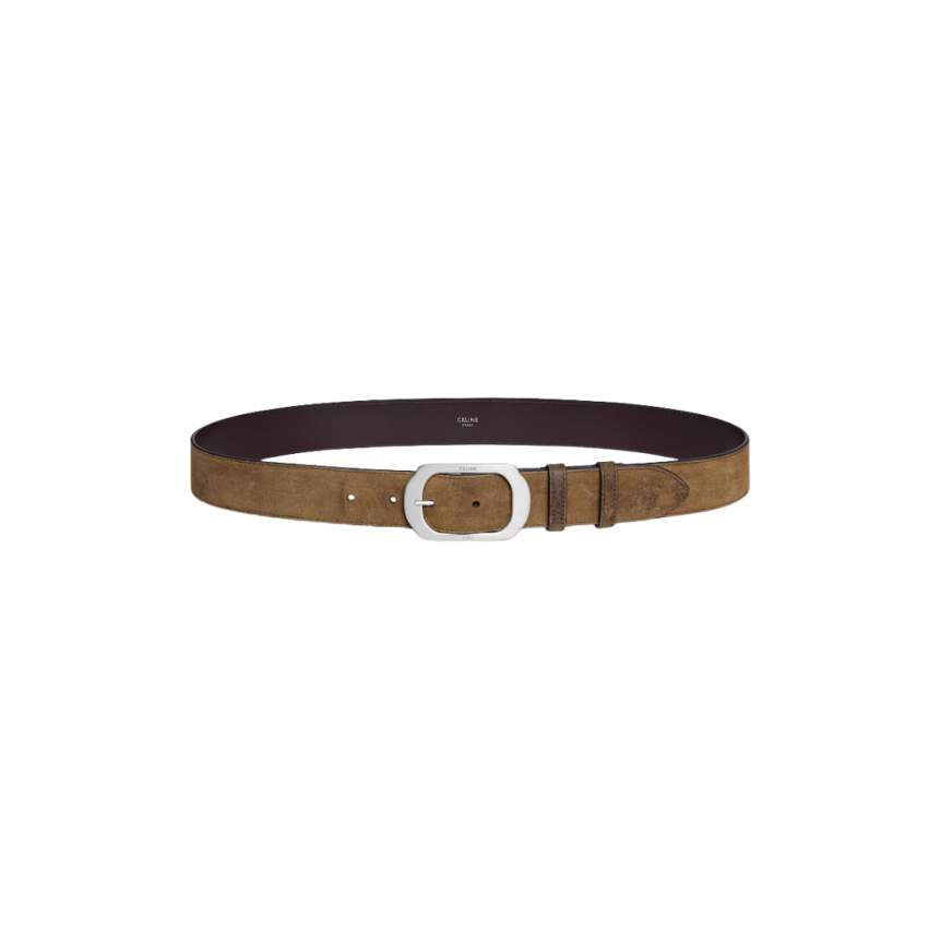 ceinture CELINE cuir veau suédé à effet ciré marron boucle argenté