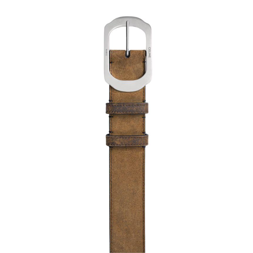 ceinture CELINE cuir veau suédé à effet ciré marron boucle argenté