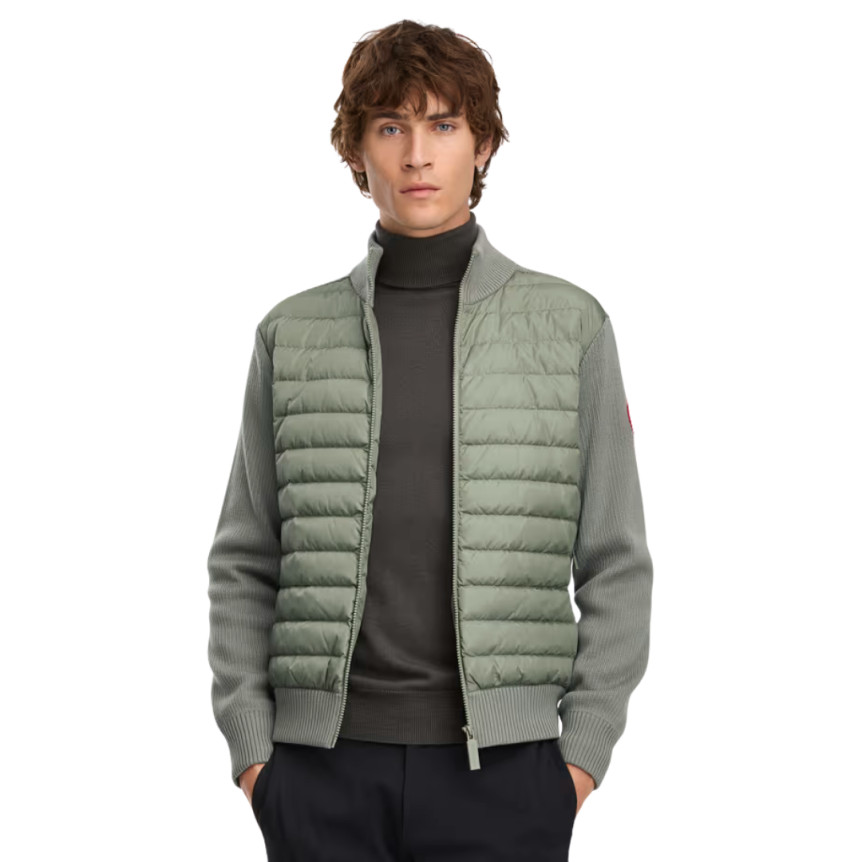 Veste cardigan CANADA GOOSE Hybridge zippée bi matière laine mérinos vert sauge