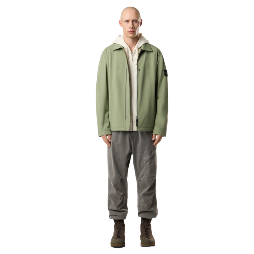 Veste col chemise STONE ISLAND zippée nylon stretch léger vert sauge
