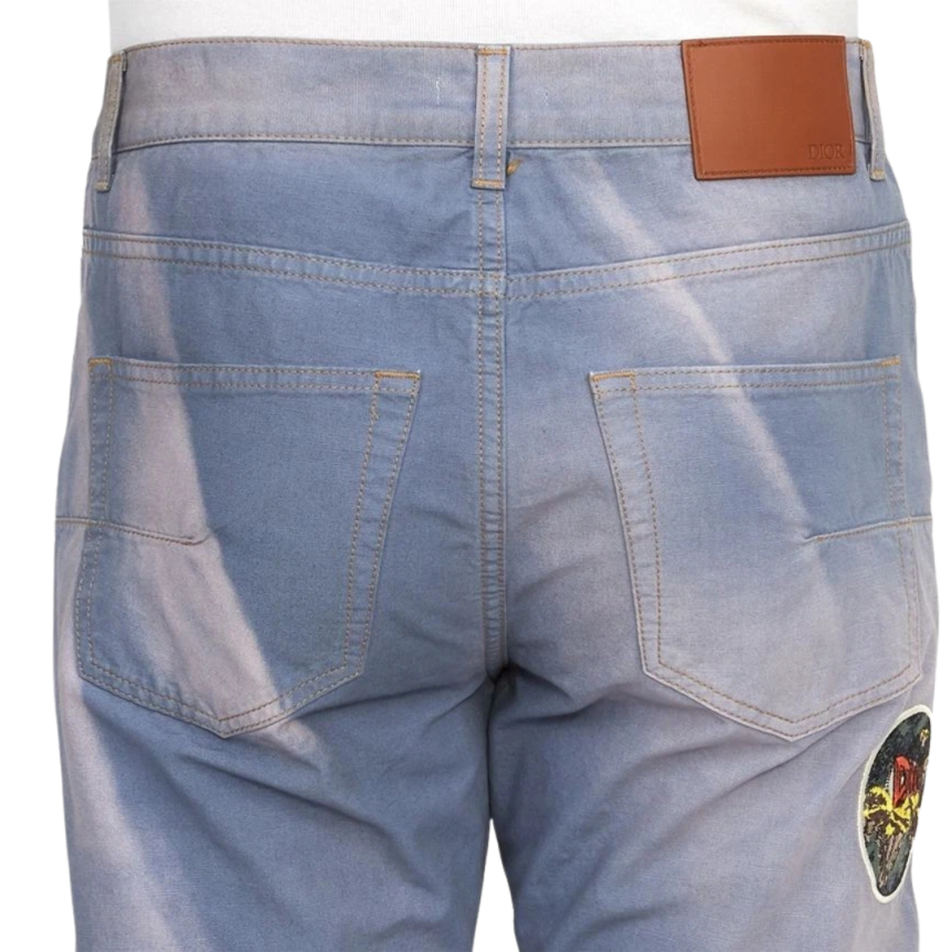 Jeans DIOR coton denim bleu clair broderie patch dune