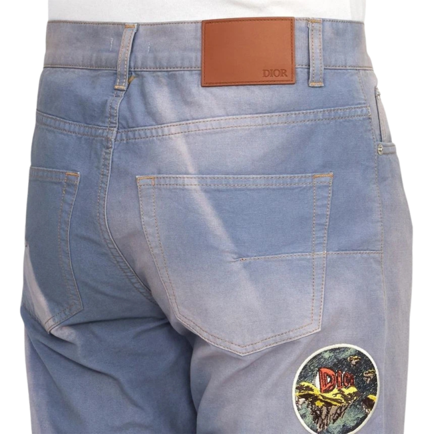 Jeans DIOR coton denim bleu clair broderie patch dune