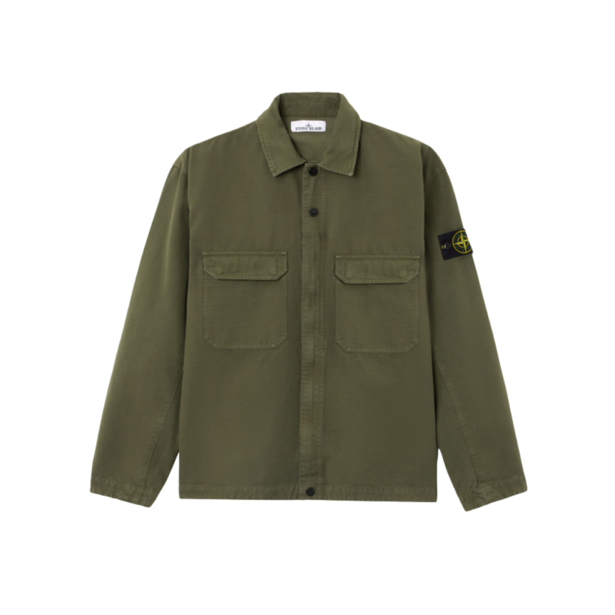 Surchemise zippée STONE ISLAND coton bio délavé kaki poches plaquées