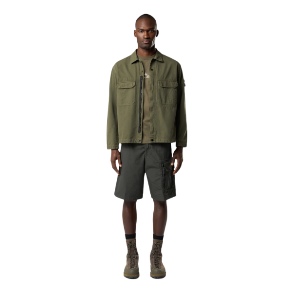 Surchemise zippée STONE ISLAND coton bio délavé kaki poches plaquées