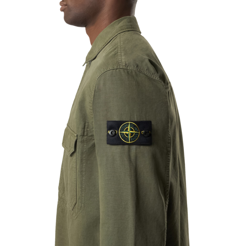 Surchemise zippée STONE ISLAND coton bio délavé kaki poches plaquées