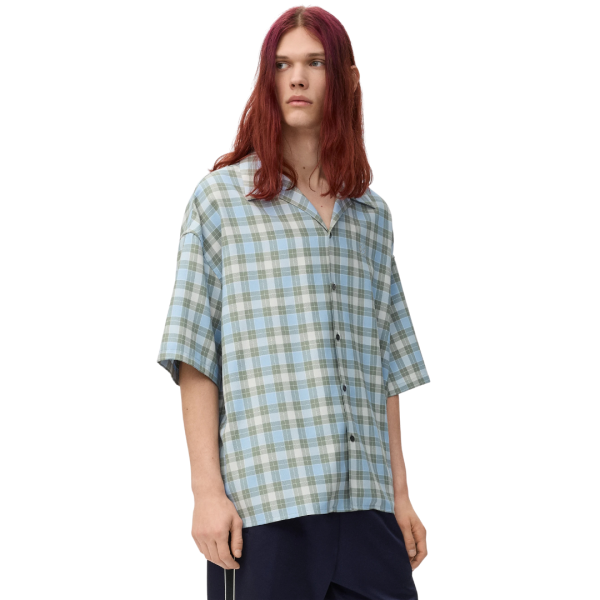 Chemise manche courte LOEWE laine mélangée tartan bleu vert