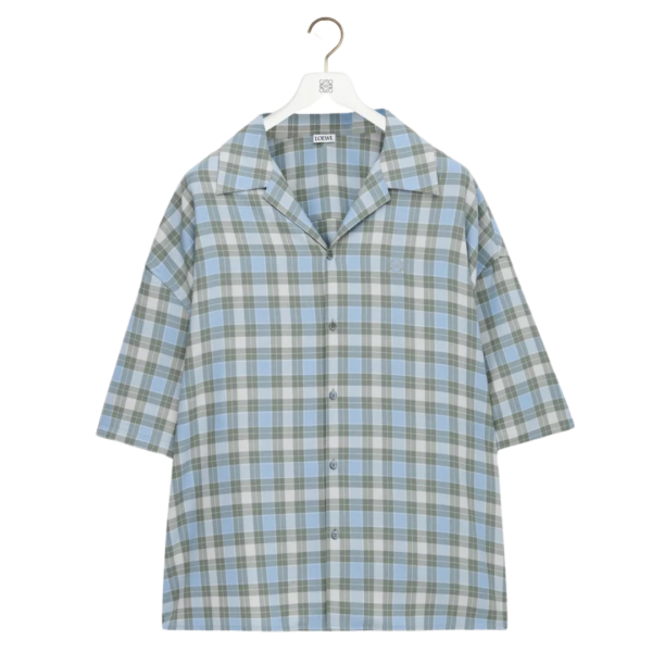 Chemise manche courte LOEWE laine mélangée tartan bleu vert