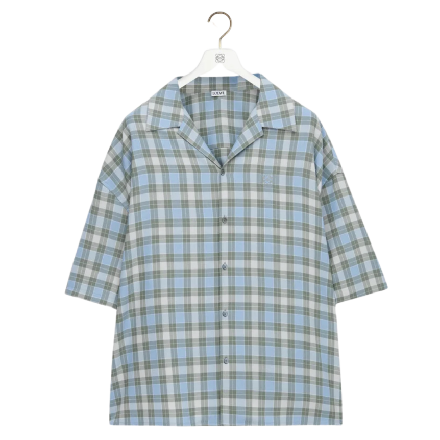 Chemise manche courte LOEWE laine mélangée tartan bleu vert