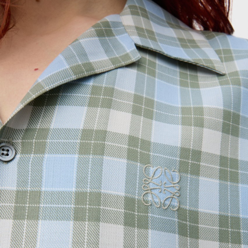Chemise manche courte LOEWE laine mélangée tartan bleu vert