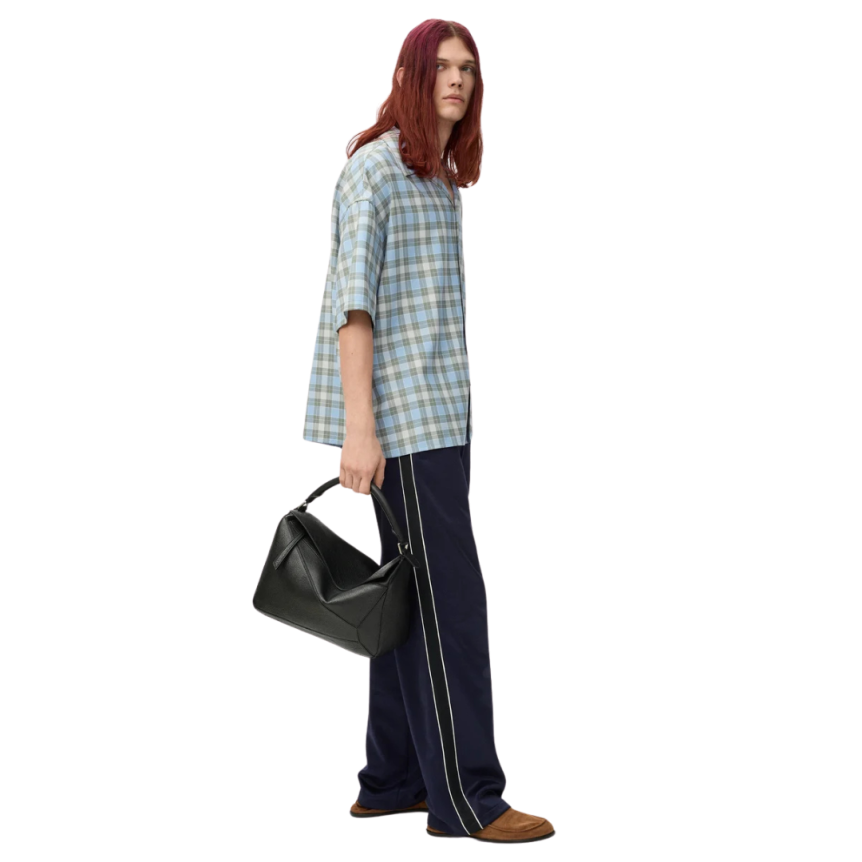 Chemise manche courte LOEWE laine mélangée tartan bleu vert