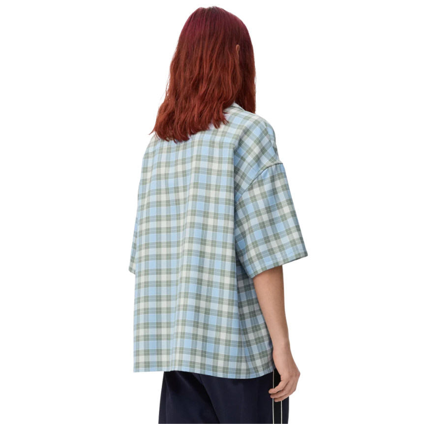 Chemise manche courte LOEWE laine mélangée tartan bleu vert