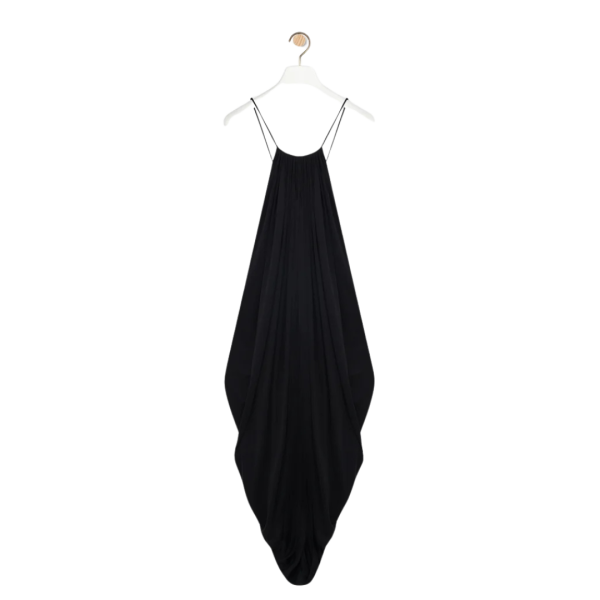 Robe jersey LOEWE soie fluide noir asymétrique drapée dos nu anagramme doré