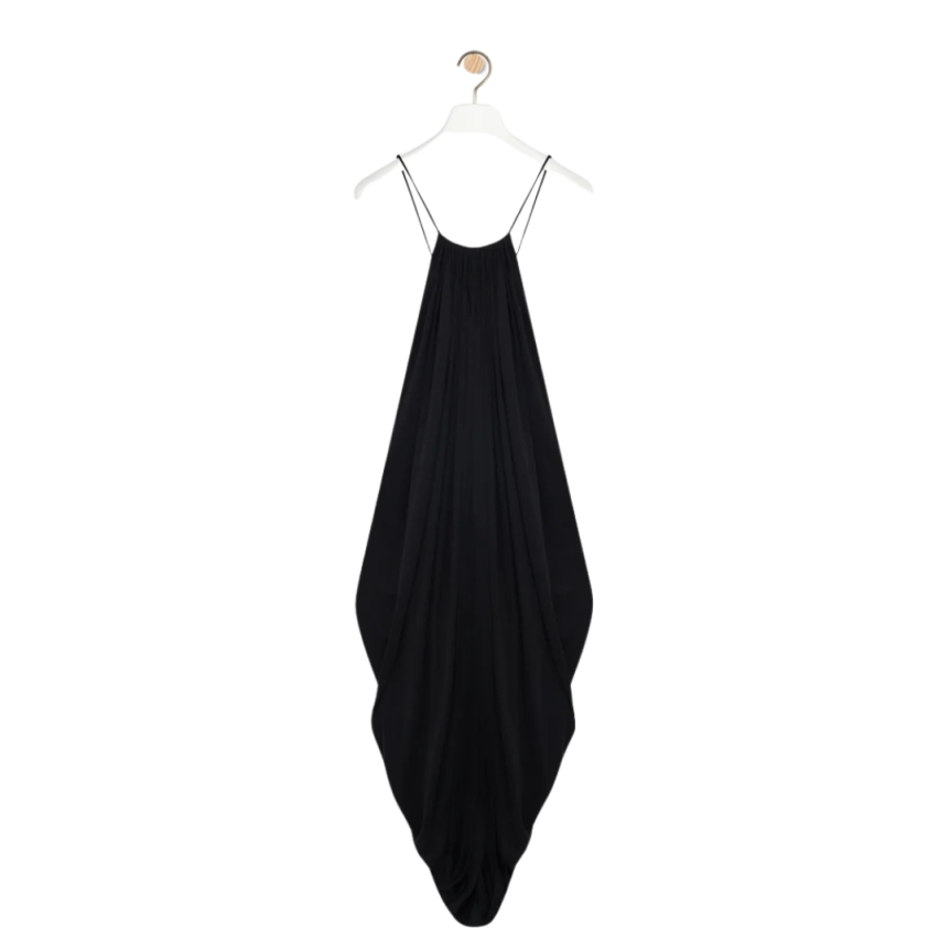 Robe jersey LOEWE soie fluide noir asymétrique drapée dos nu anagramme doré