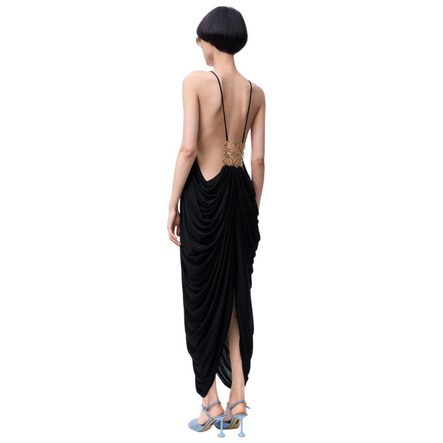 Robe jersey LOEWE soie fluide noir asymétrique drapée dos nu anagramme doré