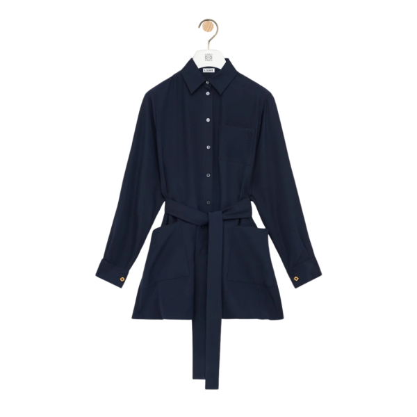 Chemisier LOEWE crêpe soie mate bleu marine ceinture à nouer boutons donuts