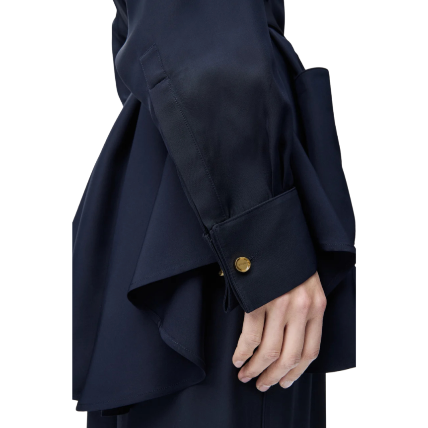 Chemisier LOEWE crêpe soie mate bleu marine ceinture à nouer boutons donuts