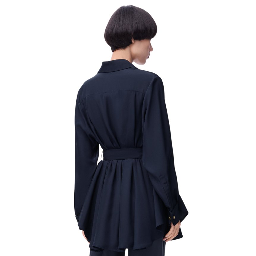 Chemisier LOEWE crêpe soie mate bleu marine ceinture à nouer boutons donuts