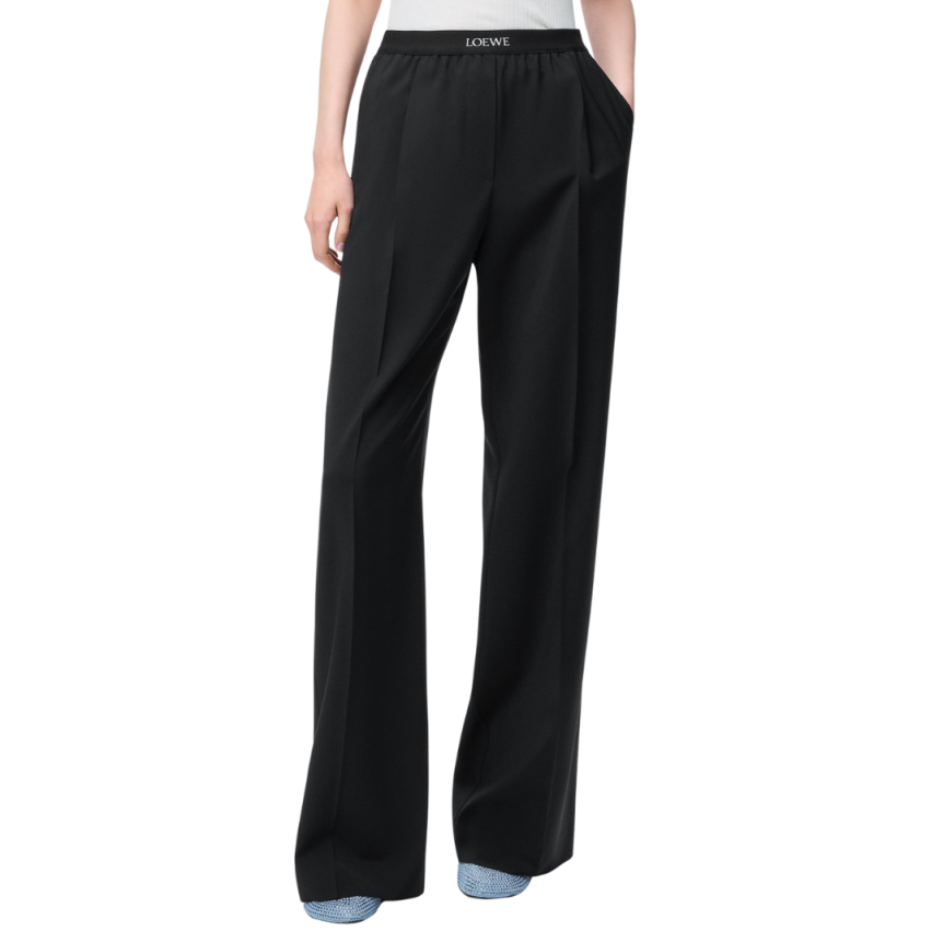 Pantalon LOEWE laine fluide noir taille élastique logo jacquard